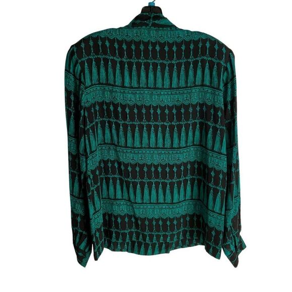 Ann May Blouse Silk Button Down Black Green Tassel Print Long Sleeve Medium - Picture 10 of 11